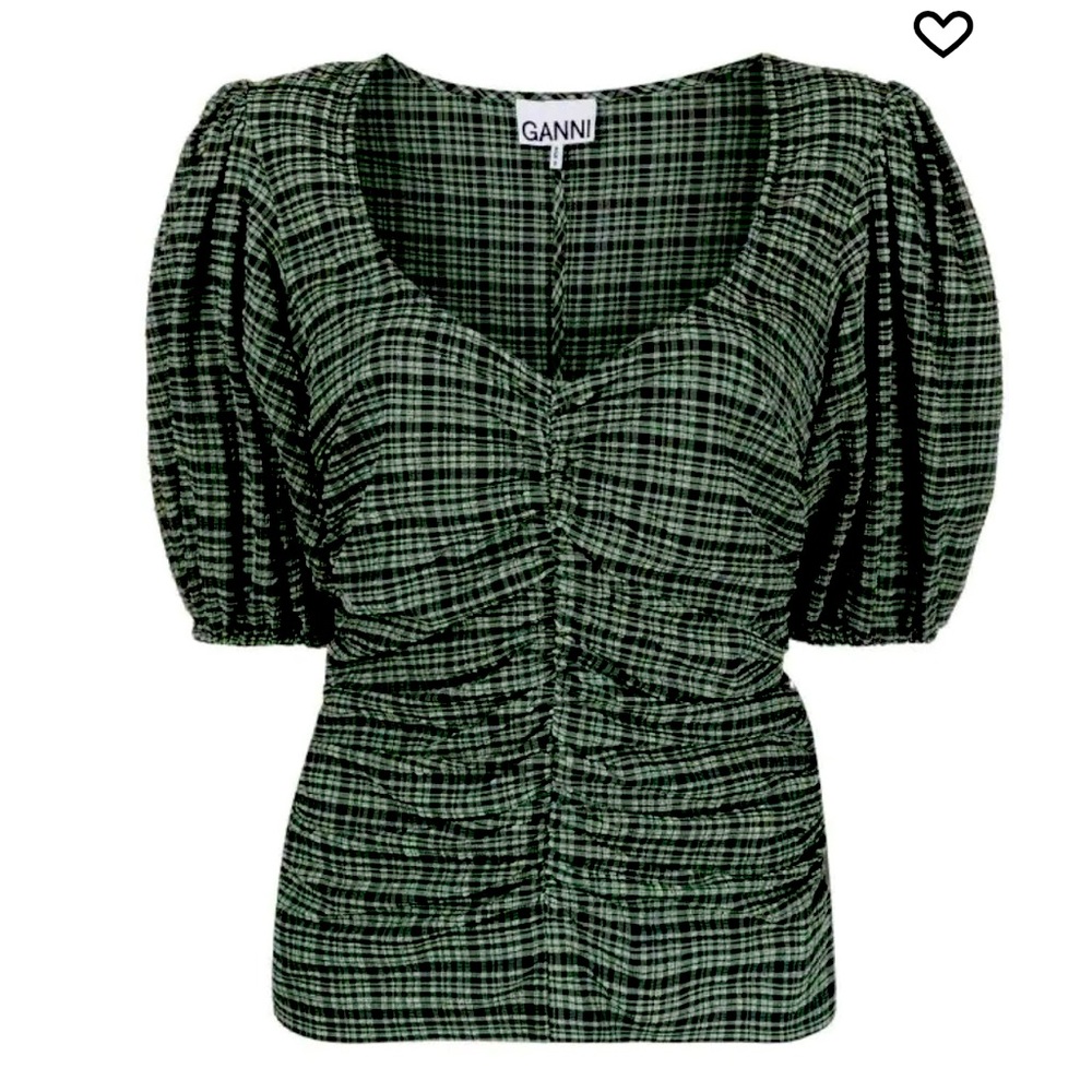 Ganni Green Plaid Blouse